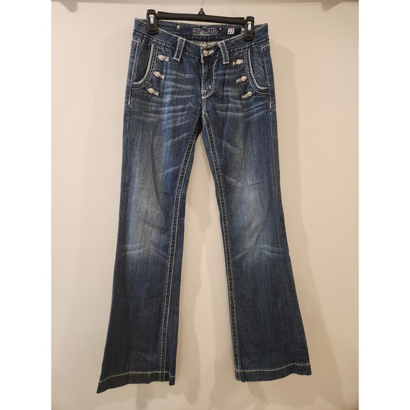 Miss Me Denim - Women’s Distressed Bootcut Jeans - Dark Blue